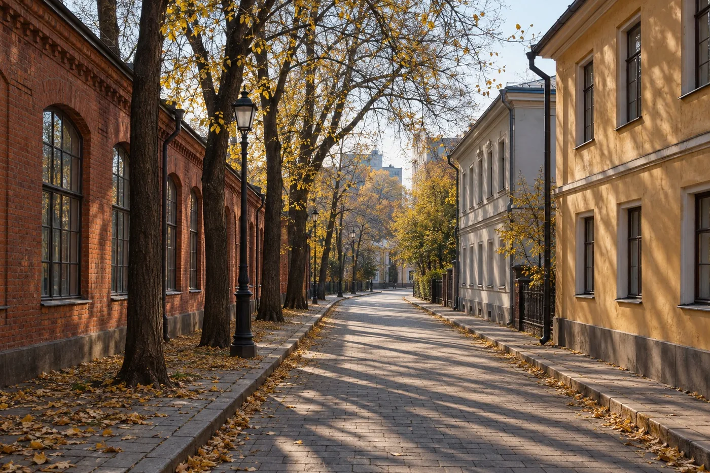Иллюстрация: тихий переулок Пресни осенью — кирпичный корпус с арочными окнами, охристые дома и липы